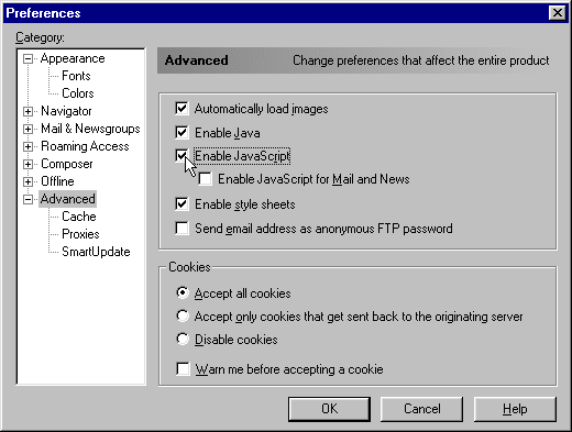 Enabling JavaScript in Netscape 4.7 Enabling JavaScript in Netscape 4.7